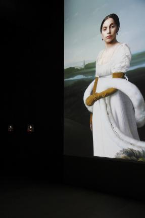 Installation view of Robert Wilson, Video Portrait of Lady Gaga as Mademoiselle Caroline Rivière by Jean-Auguste-Dominique Ingre